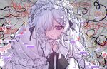  1girl collar commentary_request crying crying_with_eyes_open dress frilled_collar frilled_hairband frilled_sleeves frills hair_over_one_eye hairband highres lolita_hairband long_hair long_sleeves mahou_shoujo_no_majo_saiban minna_de_zutto_shiawase_ni_kazoku_de_issho_ni_tanoshii_party_wo natsume_an-an official_alternate_costume one_eye_covered purple_eyes sleeves_past_fingers sleeves_past_wrists solo souri_10244 spoilers straight-on tears upper_body white_dress white_hair wide_sleeves 