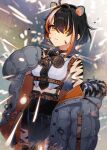  1girl ahoge animal_ear_fluff animal_ears black_gloves black_hair black_necktie black_shorts black_skirt blurry blurry_background breasts brown_hair commentary_request depth_of_field fingerless_gloves fur-trimmed_jacket fur_trim gloves grey_jacket hair_intakes hair_over_one_eye hand_up highres indie_virtual_youtuber jacket long_sleeves mask medium_breasts midriff multicolored_hair necktie nou_(nounknown) off_shoulder open_clothes open_jacket orange_hair pleated_skirt puffy_long_sleeves puffy_sleeves respirator shirt shorts skirt sleeves_past_wrists solo streaked_hair torame_bon virtual_youtuber white_shirt yellow_eyes 