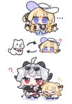  ... 2girls ? ahoge anger_vein arrow_(symbol) black_bow black_gloves black_horns blonde_hair blue_eyes bow chibi chibi_only closed_mouth collar commentary_request curled_horns demon_tail dog eating eyewear_on_head food gloves grey_hair hair_bow hair_ornament hat highres holding holding_food holding_pizza horns jacket leash long_hair looking_at_viewer multiple_girls open_mouth phoebe_(wuthering_waves) pizza red_eyes shirt simple_background skirt striped_bow sun_hat sunglasses sweat sweatdrop syurikenmaru tail white_background white_hair white_hat wuthering_waves x_hair_ornament zani_(wuthering_waves) 