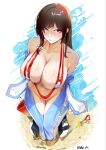  1girl alternate_eye_color animal_costume beach bird breasts brown_hair bucket cleavage collarbone commentary cosplay crocs english_commentary from_above full_cleavage goddess_of_victory:_nikke highres large_breasts long_hair looking_at_viewer lukie_arts marciana_(marine_study)_(nikke) marciana_(nikke) marciana_(nikke)_(cosplay) navel penguin penguin_costume red_eyes red_slingshot_swimsuit ruca_(rucarachi) sand shoes shovel slingshot_swimsuit smile solo standing swimsuit wet yellow_shoes 