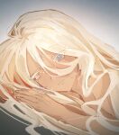  1boy bare_arms bare_shoulders blonde_hair colored_eyelashes commentary_request cookie_run cookie_run:_kingdom facial_mark forehead_mark heterochromia humanization hyuni7777 korean_commentary long_hair looking_at_viewer lying male_focus pure_vanilla_cookie simple_background unusually_open_eyes very_long_hair 