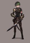  1boy armor belt black_gloves black_shirt black_shoes black_sleeves brown_belt brown_pants chest_belt closed_mouth collared_shirt commentary_request detached_sleeves elbow_pads fingerless_gloves full_body gloves green_eyes green_hair grey_background grey_cloak hair_between_eyes highres holding holding_sword holding_weapon jun_(navigavi) looking_at_viewer male_focus nose original pants scabbard sheath shirt shoes short_hair short_sleeves shoulder_armor simple_background solo standing sword vambraces weapon 