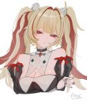  1girl absurdres aooni_09 bare_shoulders blonde_hair breasts claret_flint closed_mouth collarbone commentary_request cropped_torso detached_sleeves gem hair_intakes hair_ornament hair_ribbon highres large_breasts long_hair looking_at_viewer mole mole_under_eye red_eyes red_gem red_ribbon ribbon simple_background solo sphere_hair_ornament star-shaped_pupils star_(symbol) symbol-shaped_pupils twintails unfinished upper_body white_background zenless_zone_zero 