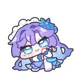  1girl blue_dress blue_eyes blue_flower blush blush_stickers cantarella_(wuthering_waves) chibi chibi_only closed_mouth commentary_request dress earrings flower hair_between_eyes hair_flower hair_ornament jewelry long_hair long_sleeves looking_at_viewer maid_headdress mole mole_under_eye purple_hair simple_background smile solo standing syurikenmaru white_background white_dress white_headdress wuthering_waves 