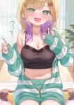  1girl ? ?? absurdres animal_slippers bear_slippers black_camisole blonde_hair blue_nails blurry blurry_background blush breasts brown_slippers camisole cleavage collarbone colored_inner_hair commentary_request ear_piercing ebihurai fang fingernails green_eyes green_hoodie green_shorts hair_ornament hairclip heavy_breathing highres holding hood hoodie indoors jewelry kurumi_noah kurumi_noah_(6th_costume) large_breasts long_sleeves looking_at_viewer medium_hair mimikaki multicolored_hair nail_polish navel open_mouth piercing pink_lips purple_hair ring shorts sitting skin_fang slippers smile socks solo steaming_body stomach striped_clothes striped_hoodie sweat teddy_bear_hair_ornament thighs two-tone_hair unzipped virtual_youtuber vspo! wariza yellow_socks zipper zipper_pull_tab 
