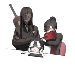  1boy 2girls absurdres black_hair breasts cleavage closed_eyes commentary_request computer_keyboard computer_mouse crossed_arms dark-skinned_female dark_skin exhausted hair_over_one_eye highres korean_commentary large_breasts leaning_forward limbus_company long_hair multicolored_hair multiple_girls noto12_34 project_moon red_hair schna_jang streaked_hair sweatdrop sword sword_on_back two-tone_hair weapon weapon_on_back white_background yellow_eyes zigong_(project_moon) zilu_(project_moon) 