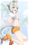  1girl animal_ears aqua_bikini bare_shoulders bikini bikini_under_clothes blue_eyes blush breasts commentary_request ear_scrunchie el_dockie green_bikini grey_hair hair_between_eyes hair_ornament highres horse_ears horse_girl horse_tail looking_at_viewer official_alternate_costume open_mouth orange_shoes orange_shorts seiun_sky_(nagisa_no_kimagure_orange)_(umamusume) seiun_sky_(umamusume) shirt shoes short_hair shorts small_breasts smile solo swimsuit tail umamusume white_shirt 