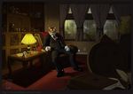  beverage book chair classy feline lamp looking_at_viewer male mammal necktie omari partran plant reclining shoes suit table tiger whiskey 