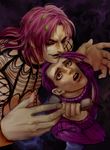  bad_id bad_pixiv_id diavolo freckles highres jojo_no_kimyou_na_bouken kilva_lollop lipstick long_hair makeup multiple_boys phone pink_hair purple_hair vinegar_doppio 