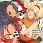  2girls :d :p ;d ;p ahoge animal_ears bealouis_illu blonde_hair blue_eyes blush breasts cat_ears cat_tail checkered_clothes checkered_print checkered_skirt cleavage detached_sleeves english_commentary facial_mark fang from_above front_zipper grey_streaks hair_ornament hairclip hand_on_another's_hip highres kemonomimi_mode large_breasts long_hair looking_at_viewer medium_hair millie_parfait mole mole_on_breast mole_under_eye multicolored_hair multiple_girls multiple_moles nijisanji nijisanji_en one_eye_closed open_mouth orange_nails ponytail purple_hair race_queen red_eyes red_sleeves scarle_yonaguni scarle_yonaguni_(race_queen) skin_fang skirt smile star_(symbol) star_facial_mark streaked_hair tail thighhighs tongue tongue_out virtual_youtuber 