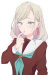  1girl absurdres aqua_neckerchief blue_eyes blush brown_dress ceras_yanagida_lilienfeld commentary_request dress finger_to_mouth grey_hair hair_ribbon hasu_no_sora_school_uniform highres kara_iroha long_hair looking_at_viewer love_live! love_live!_hasu_no_sora_jogakuin_school_idol_club neckerchief pink_ribbon raised_inner_eyebrows ribbon sailor_collar sailor_dress school_uniform sidelocks simple_background solo upper_body virtual_youtuber white_background white_sailor_collar winter_uniform 