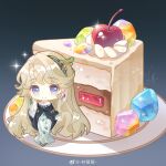  1girl absurdres beryl_bouanich black_cloak blue_eyes blue_gem cake cake_slice cherry chibi cloak crescent crescent_earrings crystal_earrings dark_background dragonfly_hair_ornament dress earrings floating_earrings food fruit full_body gem green_gem grey_hair hand_up highres jewelry long_dress long_hair looking_at_viewer mismatched_earrings ning_mengmeng oversized_food oversized_object pink_gem plate reverse:1999 smile solo standing very_long_hair watermark weibo_watermark white_dress yellow_gem 