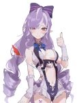  1girl absurdres bare_shoulders blue_bow blue_bowtie blue_gem blush bow bowtie breasts closed_mouth clothing_cutout commentary_request cowboy_shot drill_hair drill_sidelocks fingernails frilled_one-piece_swimsuit frilled_wrist_cuffs frills gem hair_bow hand_up highres long_hair looking_at_another medium_breasts mole mole_under_eye navel official_alternate_costume one-piece_swimsuit pointy_ears purple_bow purple_hair purple_nails red_eyes sidelocks simple_background smile solo stomach_cutout sweatdrop swimsuit thumbs_up two-tone_one-piece_swimsuit vivian_banshee vivian_banshee_(iris_of_the_shore) white_background white_one-piece_swimsuit wrist_cuffs zen_yasai zenless_zone_zero 