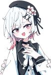  1girl :d absurdres beret black_choker black_coat black_hat center_frills choker coat collared_coat commentary fang flower flower-trimmed_sleeves frills gradient_hair hair_flower hair_ornament hat hat_flower hat_ribbon highres kei_(k_eii0) long_sleeves looking_at_viewer mahou_shoujo_no_majo_saiban multicolored_hair neck_ribbon open_mouth pink_eyes pink_hair ribbon sakuraba_ema shirt short_hair simple_background sleeveless sleeveless_coat smile solo upper_body white_background white_flower white_hair white_ribbon white_shirt white_sleeves x_hair_ornament 