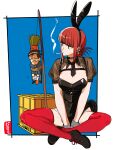  1boy 1girl absurdres animal_ear_hairband animal_ears black_hairband black_leotard black_shoes breasts carrot_on_stick cigarette crate earrings fake_animal_ears grey_wrist_cuffs hairband highres indian_style jewelry jinusi leotard necktie playboy_bunny rabbit_ear_hairband rabbit_ears red_hair red_thighhighs sasaki_(super_no_ura_de_yani_suu_futari) shoes short_necktie short_sleeves sidelocks sitting smoking solo_focus super_no_ura_de_yani_suu_futari tayama_(super_no_ura_de_yani_suu_futari) thighhighs wrist_cuffs 