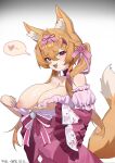  1girl animal_ears blonde_hair breasts character_request commentary_request copyright_request flashing fox_ears fox_girl fox_tail heart highres huge_breasts no_bra original presenting_nipples puffy_nipples red_eyes revision solo spoken_heart tail yunqi_wolken 