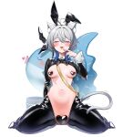  1girl absurdres ahoge animal_ear_fluff animal_ears black_bow black_bowtie blush bow bowtie breasts character_request commentary_request copyright_request earrings fake_animal_ears fish_earrings fish_skeleton_earrings grey_hair heart heart_maebari heart_pasties highres jewelry maebari mismatched_earrings motion_lines navel pasties purple_eyes rabbit_ears reverse_bunnysuit reverse_outfit solo sui_hi_sf tail tongue white_background 