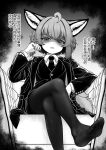  1girl absurdres ahoge alternate_costume animal_ear_fluff animal_ears arknights armchair black_necktie black_pantyhose black_suit blue_eyes blush chair chinese_text collared_shirt commentary_request crossed_legs feet foreshortening formal_clothes fox_ears fox_girl fox_tail from_below greyscale hand_in_own_hair highres jacket light_smile looking_at_viewer monochrome necktie no_shoes open_mouth pantyhose presenting_foot shaded_face shirt short_hair simple_background sitting skirt skirt_suit soles spot_color ssssold suit suit_jacket sussurro_(arknights) tail toes translation_request 
