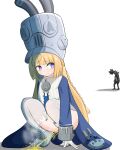  1girl 1other blue_coat blunt_bangs boots character_request closed_mouth coat cocked_eyebrow commentary_request ethereal_(zenless_zone_zero) gloves grey_boots grey_hat hat highres invisible_floor long_hair long_sleeves looking_at_another monster nervous_sweating norma_hollowell peeing purple_eyes raised_eyebrow shako_cap simesaba_(xwdt4337) simple_background squatting steam sweat thighhighs very_long_hair wavy_mouth white_background white_gloves white_thighhighs zenless_zone_zero zipper zipper_pull_tab 