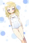  1girl alternate_costume ass_visible_through_thighs blonde_hair blue_eyes blush breasts collarbone commentary_request dutch_angle gunner_(sekaiju) gunner_2_(sekaiju) kazuma_(kazumav) long_hair looking_at_viewer name_tag old_school_swimsuit parted_lips school_swimsuit sekaiju_no_meikyuu sekaiju_no_meikyuu_2 sidelocks small_breasts solo sweat swimsuit thigh_gap translation_request white_background 