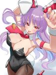 1girl alternate_costume animal_ears armpits arms_up blush breasts bright_pupils brown_pantyhose bunny_day cleavage commentary_request covered_navel detached_collar full_cleavage high_heels highres large_breasts leg_up long_hair looking_at_viewer necktie pantyhose pink_nails playboy_bunny purple_hair rabbit_ears rabbit_girl rabbit_tail red_eyes red_necktie red_shoes reisen_udongein_inaba shoes solo tail tongue tongue_out touhou very_long_hair white_pupils yuuka_(a0240765) 