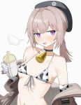  1girl absurdres ahoge animal_print baby_bottle bell bikini blush bottle breasts cheyanne_(girls'_frontline_2) commentary cow_print cow_print_bikini girls'_frontline girls'_frontline_2:_exilium grey_hair highres jacket m200_(girls'_frontline) neck_bell print_bikini prosciutto_7 purple_eyes swimsuit 