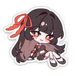  1girl absurdres alternate_costume arm_cutout bbi_(bbi_illust) black_hair black_shirt black_skirt blush_stickers chibi chibi_only chisa_(wuthering_waves) closed_mouth clothing_cutout commentary crop_top english_commentary hair_intakes hair_ribbon highres long_hair mole mole_under_eye outline red_eyes red_ribbon ribbon shirt sitting skirt smile solo tacet_mark_(wuthering_waves) white_outline wuthering_waves 