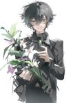  1girl absurdres black_hair black_nails black_shirt bouquet chinese_commentary commentary_request degrees_of_lewdity double-parted_bangs floating_hair flower gem green_eyes green_gem hair_between_eyes hand_up high_collar highres holding holding_bouquet kylar_(degrees_of_lewdity) kylar_(male)_(degrees_of_lewdity) long_sleeves looking_at_viewer male_focus purple_flower shirt short_hair silanize simple_background sketch smile solo straight-on upper_body white_background white_flower 