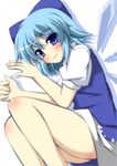  bare_legs blue_dress blue_eyes blue_hair blush bow cirno dress feet_out_of_frame fetal_position hair_bow ice ice_wings looking_at_viewer lying masiromu on_side puffy_sleeves shirt short_sleeves smile solo touhou wings 