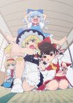  4girls :q absurdres alice_margatroid apron bandaid bandaid_on_knee bandaid_on_leg barefoot blonde_hair blue_bow blue_dress blue_eyes blue_hair bow braid brown_hair cirno closed_mouth commentary_request concentrating controller crying crying_with_eyes_open detached_sleeves dot_nose dress feet frilled_apron frilled_bow frilled_hairband frills game_controller hair_bow hair_tubes hairband hakurei_reimu hands_on_own_head hat highres holding holding_controller holding_game_controller ice ice_wings indoors kirisame_marisa looking_at_viewer mizu_asato multi-source_commentary multiple_girls necktie no_shoes on_one_knee open_mouth playing_games playing_video_games red_bow red_hairband seiza short_hair short_sleeves shouji single_braid sitting sliding_doors socks spread_legs sweat tatami tears teeth tongue tongue_out touhou upper_teeth_only washitsu white_socks wings yellow_eyes yellow_necktie 
