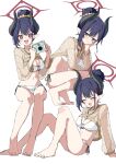  +_+ 1girl barefoot bikini black_hair black_horns blue_archive blush breasts camera chiaki_(blue_archive) chiaki_(swimsuit)_(blue_archive) cleavage closed_eyes commentary curved_horns demon_horns digital_camera feet fishnet_shrug full_body hair_between_eyes hair_bun hair_ornament hair_scrunchie halo hand_on_own_face highres holding holding_camera horns jewelry long_hair looking_at_viewer medium_breasts multiple_views necklace o-ring o-ring_bikini official_alternate_costume official_alternate_hairstyle open_mouth pointy_ears red_eyes scrunchie see-through_clothes see-through_shrug shrug_(clothing) simple_background single_hair_bun single_sidelock sitting slit_pupils smile squatting swimsuit toes white_background white_bikini yellow_scrunchie yellow_shrug yoimura 