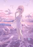  1girl absurdres asteria_(girls'_frontline_2) beach bird blue_eyes breasts commentary_request dove dress from_side girls'_frontline girls'_frontline_2:_exilium highres looking_at_viewer medium_hair ocean outdoors pink_hair pink_sky pink_theme pink_water see-through_clothes see-through_dress short_dress sky small_breasts st_ar-15_(girls'_frontline) sunset wading white_dress yume_(454565427) 