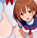  1girl :d blue_sailor_collar brown_eyes brown_hair commentary_request diagonal-striped_background different_zoom_layer highleg highleg_leotard leotard looking_at_viewer multiple_views neckerchief ocha_(greentea-time) original red_neckerchief sailor_collar short_hair simple_background skindentation smile striped_background thighhighs two-tone_background white_leotard white_thighhighs zoom_layer 