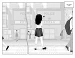  1girl absurdres annoyed black_hair building crosswalk door english_text greyscale highres kusujinn long_hair monochrome outdoors people pleated_skirt police_station power_lines single_sock skirt socks tactile_paving tapping_foot urban 