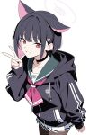  1girl black_choker black_hair black_hoodie blue_archive choker commentary hair_ornament hairclip halo highres hood hood_down hoodie kazu_sasuki kazusa_(blue_archive) long_sleeves looking_at_viewer multicolored_hair pantyhose pink_hair pink_halo red_eyes sailor_collar school_uniform short_hair sidelocks skirt smile solo standing v white_background 