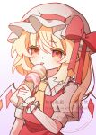  1girl ascot blonde_hair blush bow collared_shirt commentary_request crystal crystal_wings eating flandre_scarlet food frilled_shirt_collar frilled_wrist_cuffs frills gradient_background hat hat_bow highres holding holding_ice_cream_cone ice_cream ice_cream_cone illust_atelier3 mob_cap multicolored_wings multiple_scoops one-hour_drawing_challenge one_side_up pink_background pointy_ears puffy_short_sleeves puffy_sleeves red_bow red_eyes red_skirt red_vest red_wrist_cuffs shirt short_sleeves signature skirt skirt_set solo tongue tongue_out touhou vest watermark white_hat white_shirt wings wrist_cuffs yellow_ascot 