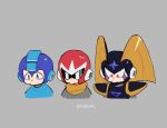  3boys android assault_visor bass_(mega_man) blue_eyes brothers grey_background helmet highres male_focus mega_man_(character) mega_man_(classic) mega_man_(series) multiple_boys o3o proto_man puckered_lips red_eyes scarf siblings simple_background srnhuyuno upper_body yellow_scarf 