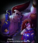  1boy 1girl breasts brown_eyes brown_hair cleavage commentary english_commentary english_text eternal_arcadia eyepatch genderswap genderswap_(mtf) highres ian_samson jacket kabedon open_clothes open_jacket pompadour ponytail scar scar_on_face vigoro vyse 