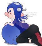  1girl artist_name black_pants black_socks blue_hair blue_shawl cephalopod_eyes chest_sarashi closed_mouth commentary earrings hair_over_one_eye hairband jewelry long_hair looking_at_viewer multiple_earrings octoling okobo pants platform_sandals red_eyes red_sandals sandals sarashi see-through_clothes see-through_shawl shawl shiver_(deep_cut_outfit)_(splatoon) shiver_(splatoon) short_eyebrows smile socks solo splatoon_(series) splatoon_3 tabi tentacle_hair thick_eyebrows tooth_earrings utfu333 watermark white_background white_hairband 