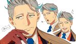  1boy aiguillette black_vest blue_necktie blue_streaks brown_cape brown_eyes brown_gloves cape choco_(chocovix112) closed_eyes closed_mouth collared_shirt commentary facial_hair fate/grand_order fate_(series) gloves goatee grey_hair highres katsu_kaishuu_(fate) male_focus mature_male multicolored_hair multiple_views necktie old old_man open_mouth orange_robe portrait robe shirt short_hair simple_background smile streaked_hair translation_request vest waistcoat white_background white_shirt 