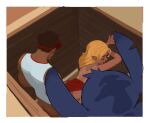  1boy 1girl amugea blonde_hair blue_fur border changing_room clothed_sex clothes_pull clothing_aside from_above hand_on_another's_ass hetero highres lifeguard_(lilo_&amp;_stitch) lilo_&amp;_stitch long_hair notched_ear one-piece_swimsuit one-piece_swimsuit_pull open_mouth red_one-piece_swimsuit red_visor_cap sex sex_from_behind stitch_(lilo_&amp;_stitch) swimsuit swimsuit_aside tanlines visor_cap white_border 