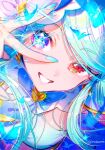  +_+ 1girl blue_bow blue_bowtie blue_eyes blue_hair blue_hat blue_nails blue_tube_top bow bowtie breasts brooch butterfly_hat_ornament close-up commentary_request cure_eclair grin hat hat_ornament heart heart_brooch heterochromia highres howa_kurea jewelry long_hair looking_at_viewer meitantei_precure! nail_polish precure red_eyes small_breasts smile solo strapless tawan_(46okuneeen) tube_top twinkle_time v v_over_eye 