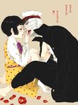  1boy 1girl bandaged_arm bandaged_head bandages black_hair bob_cut bow bowtie coat coat_on_shoulders commentary_request dress hand_on_another's_face hat midori_(shoujo_tsubaki) peaked_cap polka_dot polka_dot_dress shoujo_tsubaki sitting tokkuriji_muchisute tongue tongue_out yellow_dress yoriko_(gheyori) 