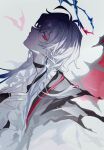  1boy arknights arknights:_endfield bandaged_neck bandages bishounen blood bloody_wings bridal_gauntlets char_(arknights) chinese_commentary commentary_request crystal_earrings earrings from_side grey_hair halo head_back highres jewelry looking_at_viewer male_focus poet_shirt pointy_ears profile red_eyes scar scar_on_neck shirt single_earring solo spiked_halo upper_body vampire white_shirt wings xuanfananchun 