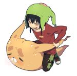  1boy :d black_hair braid brown_pants commentary_request creature full_body green_hat green_shoes hat honya_lala long_sleeves male_focus open_mouth original pants red_shirt riding shirt shoes short_hair simple_background sitting smile sneakers solo sweat twin_braids white_background yellow_eyes 