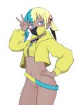  1girl bandeau belt blue_eyes canari_(pokemon) chinese_commentary commentary_request cowboy_shot hand_on_own_hip hand_up highres jacket jiang_jiang_(swpv5248) mask mouth_mask multicolored_hair nail_polish navel open_clothes open_jacket pokemon pokemon_legends:_z-a pussy simple_background solo twintails twitter_username uncensored v white_background yellow_bandeau yellow_jacket yellow_nails zipper zipper_pull_tab 