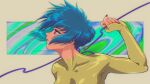  1girl artist_name blue_background blue_hair bodysuit border breasts brown_border cable chinese_commentary close-up commentary cursive cyborg eyelashes from_side ghost_in_the_shell gradient_background green_background highres impossible_bodysuit impossible_clothes isei0212 kusanagi_motoko large_breasts lips looking_ahead messy_hair nail_polish outside_border parted_lips pink_lips purple_background red_eyes red_nails short_hair sidelocks signature skin_tight solo subdermal_port the_ghost_in_the_shell_(2026) thick_eyebrows turtleneck turtleneck_bodysuit unplugged yellow_bodysuit 