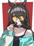  1girl absurdres ahoge animal_ears black_camisole black_choker black_hair blue_jacket camisole candy choker closed_mouth collarbone ear_tag earrings fang food ghuler hair_between_eyes highres holding holding_candy holding_food holding_lollipop horse_ears horse_girl jacket jewelry lollipop long_bangs long_hair long_hair_between_eyes long_sleeves looking_at_viewer manhattan_cafe_(umamusume) multicolored_hair open_clothes open_jacket orange-tinted_eyewear round_eyewear single_bare_shoulder single_earring solo tinted_eyewear umamusume upper_body white_hair yellow_eyes 
