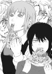  1boy black_hair chainsaw_man collared_shirt commentary_request crying crying_with_eyes_open death_devil_(chainsaw_man) denji_(chainsaw_man) dress eating fami_(chainsaw_man) famine_devil_(chainsaw_man) food fourth_east_high_school_uniform highres holding holding_food holding_pizza k.rikina long_sleeves messy_hair mole mole_on_cheek mole_under_eye mole_under_mouth multiple_moles multiple_moles_under_one_eye nayuta_(chainsaw_man) pinafore_dress pizza pizza_slice ringed_eyes school_uniform shirt short_hair sleeveless sleeveless_dress tears teeth 