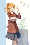  1girl absurdres birthday_cake blue_eyes blue_skirt cake commentary food hair_between_eyes happy_birthday highres hu_pi_xuan_jiao kosaka_honoka long_sleeves looking_at_viewer love_live! love_live!_school_idol_project medium_hair one_side_up open_mouth orange_hair plaid_clothes plaid_skirt pleated_skirt skirt smile solo v 